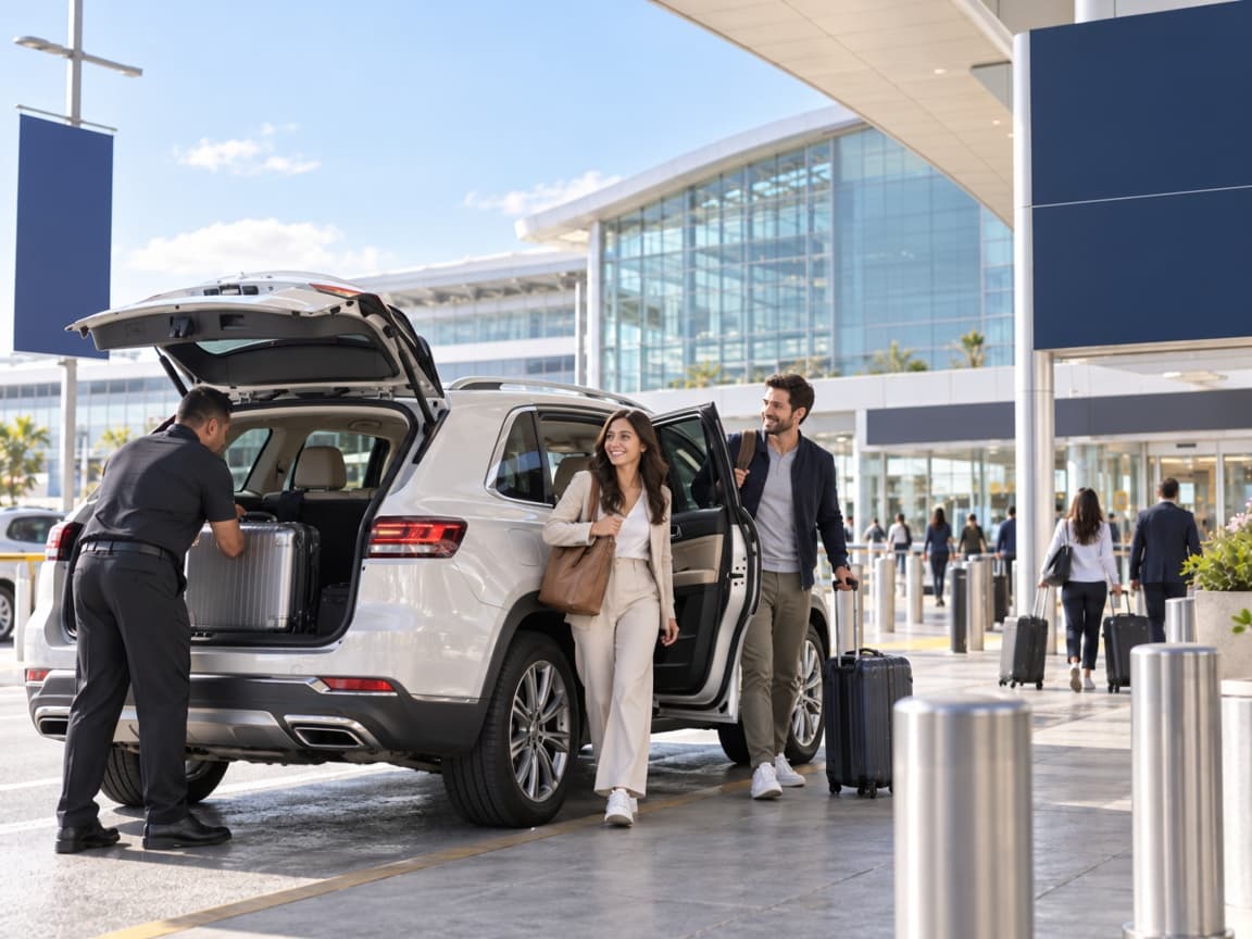 A premium vehicle with a driver loading luggage