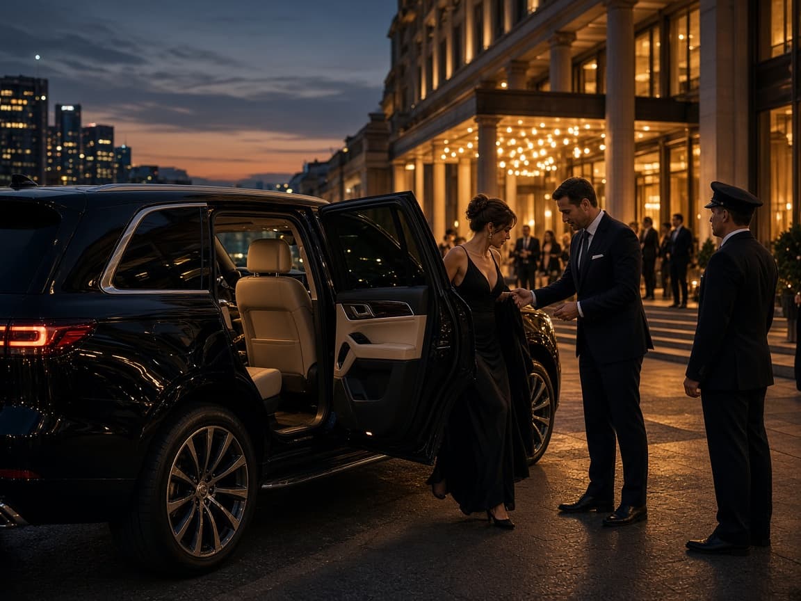 Guests arriving by private vehicle at an evening event